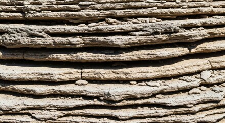 Stacked layered rock formations under bright sunlight