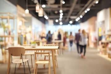 Blurred view of a retail interior with light fixtures, tables, and people