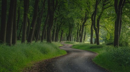 Winding Path in Verdant Woods: A meandering road winds its way through a lush forest, creating a sense of peaceful serenity and inviting exploration.
