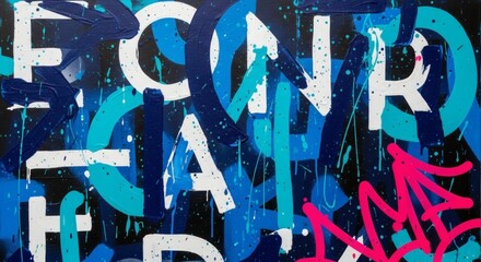 Vibrant abstract painting with bold letters in blue white and pink hues