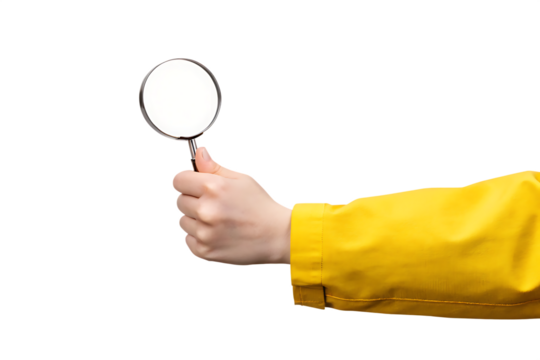Hand holding magnifying glass on white background isolated on a transparent background