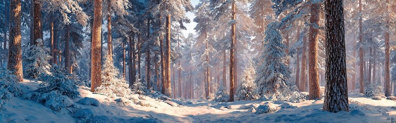 Snowy path cuts through a bright, sunlit evergreen forest scene in winter