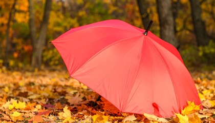 Red umbrella in autumn leaves