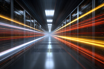 Data Stream in Server Room: Vibrant streaks of light representing data flow, srge through a modern serve room, highlighting the poer and speed of digital tehnology.