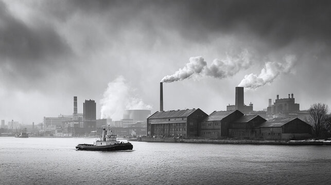 Monochrome cityscape with a tugboat navigating the waters, overshadowed by an industrial skyline. Evokes themes of industry, pollution, and urban life.