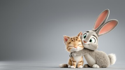 DEIB theme of friendship and inclusion with an adorable cartoon bunny hugging a cheerful kitten