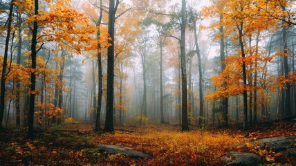 Fototapeta premium Autumn forest pathway with vibrant foliage. Neural network AI generated