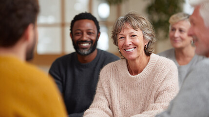 Warm, inclusive group meeting showcasing diverse individuals engaged in positive communication. Represents support, therapy, community, and shared experiences.