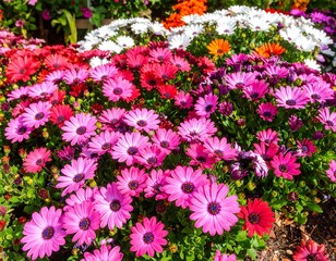 Fototapeta premium Vibrant display of various colored flowers, showcasing a mix of pinks, reds, whites, and oranges.