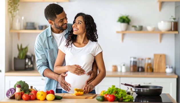 A loving and candid moment of a pregnant couple cooking together in their kitchen. - Powered by Adobe
