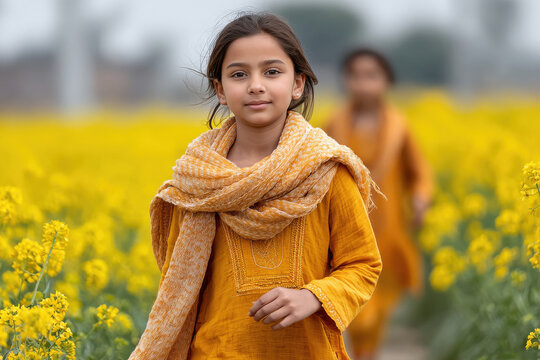 indian Girl walking in mustard flower field. - Powered by Adobe