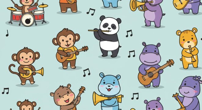 Cartoon Animals Playing Musical Instruments on Light Blue Background.