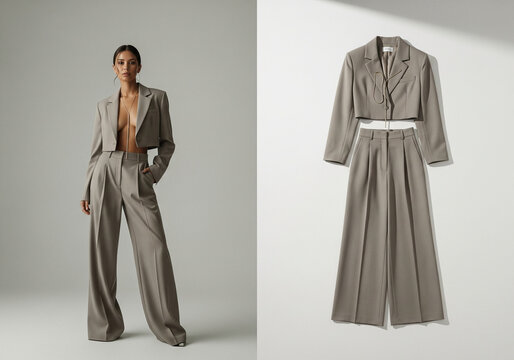 Greige Suit with a Single Pendant Necklace