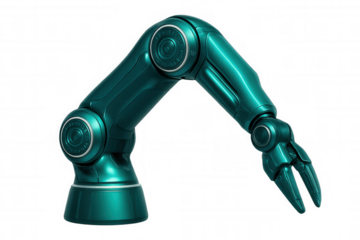 Sleek robotic arm reaching with metallic fingers, highlighting precision engineering against transparent backdrop