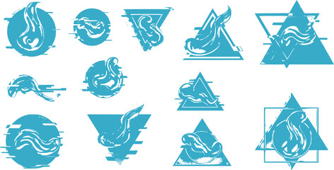 Fototapeta premium Retrofuturism shapes, circle glitch and liquid elements. Holographic illuminated in 80s-90s. Futuristic design vaporwave, synthwave. Trandy shapes for merch and T-shirt. Vector set glitch elements