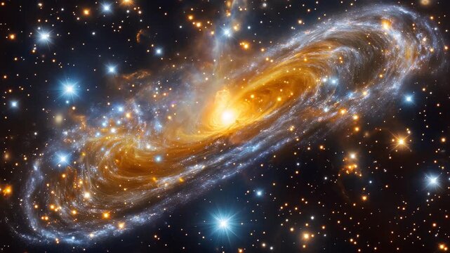 Witness the breathtaking beauty of a swirling galaxy illuminated by radiant stars, showcasing the intricate dance of cosmic elements across a limitless expanse.