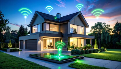 Modern two-story house with smart technology symbols beaming from a phone in the yard and connecting to the house, signaling connectivity and automation against a twilight sky