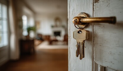 A key hangs from a doorknob, opening to a cozy home