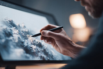 Creative professional at work. Artist uses a stylus on a digital display, creating art. A conceptual image about design, creativity, technology, and inspiration.