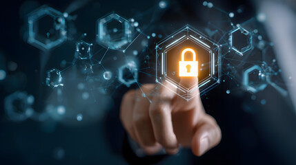 cybersecurity concept Global network security technoogy, business people protet personal information. Enryption with a padlock ico on the virtual interface.