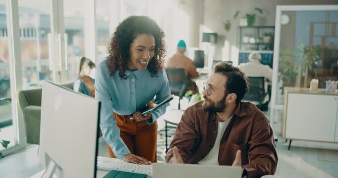Business, people and laptop with high five at call centre for success, bonus and crm achievement. Excited, staff and pc for sales goals, client feedback and employee congratulations of team promotion