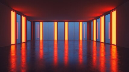 Modern Interior with Illuminated Windows and Reflections
