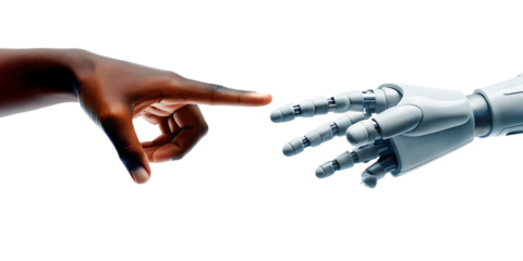Human and robot hands reaching toward each other isolated on a transparent background