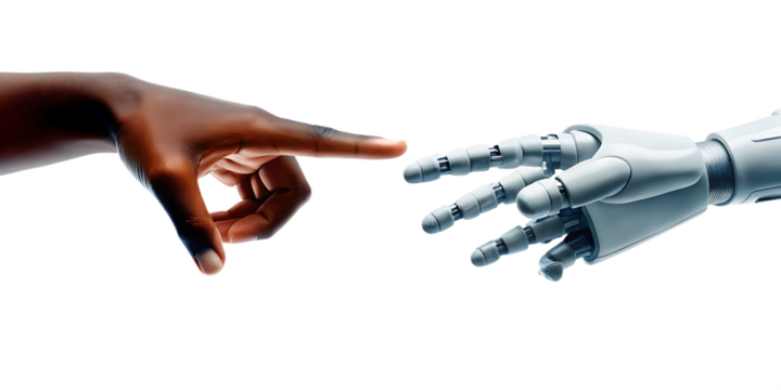 Human and robot hands reaching toward each other isolated on a transparent background