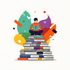 A colorful vector illustration of a reader sitting atop a large stack of books, representing education, self-improvement, and the pursuit of knowledge