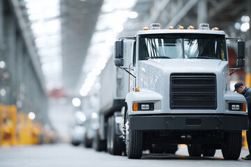 A modern truck stands in a vast warehouse, symbolizing logistics, industry, and delivery. Great for themes of transport, supply chains, and manufacturing.