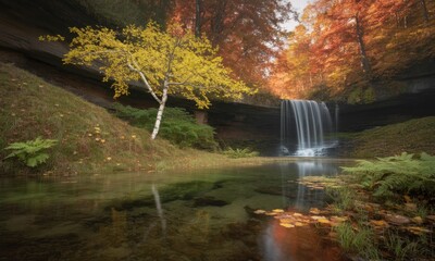 Fototapeta premium Autumnal waterfall cascading into a tranquil pool, reflected in the still water. A solitary yellow birch tree stands sentinel amidst the colorful foliage
