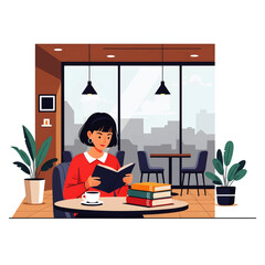 Calm and focused woman reading a book at a table in a bright, modern cafe with a city view. Leisure and learning concept