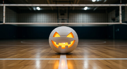 Halloween-themed volleyball jack-o’-lantern on indoor court, combining sports and seasonal decor