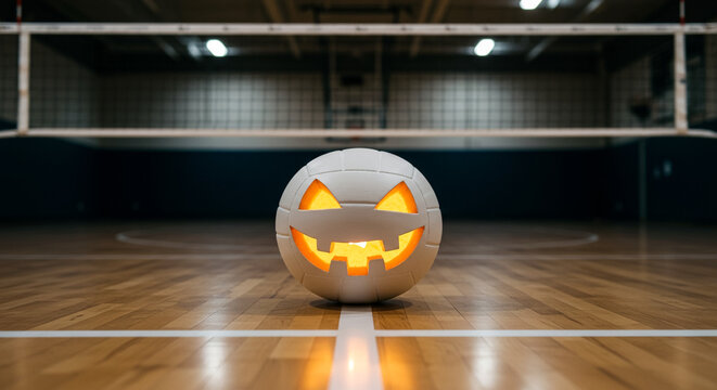 Halloween-themed volleyball jack-o’-lantern on indoor court, combining sports and seasonal decor