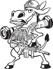 Cartoon style donkey wearing military gear holding javelin and assault rifle