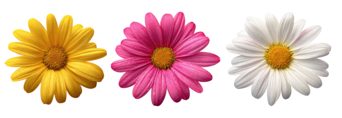 Three vibrant flowers, yellow, pink, and white, displayed against a black background.  Each flower has a detailed, outlined structure, showcasing a central yellow disc and multiple petals