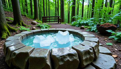 Stone plunge bath with floating ice in forest spa retreat, nature wellness and cold therapy