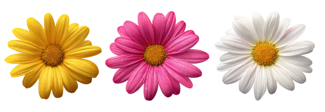 Three vibrant flowers, yellow, pink, and white, displayed against a black background.  Each flower has a detailed, outlined structure, showcasing a central yellow disc and multiple petals