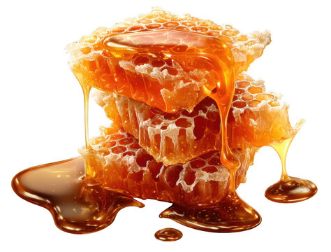 Close-up of golden honeycomb pieces stacked with thick honey dripping and pooling around them