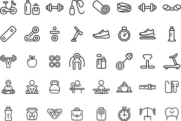 Fototapeta premium Gym and Fitness Icon Pack – vector outline design for exercise, training, and healthy lifestyle.