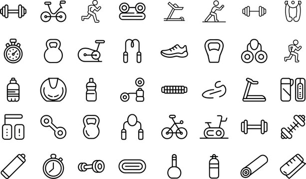 Fitness Line Icon Set – outline vector pack for gym, workout, health, and exercise design.