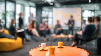 A blurred image of a group meeting with two cups of coffee on an orange table, highlighting collaboration and creativity in a modern workspace.