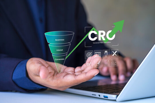 Conversion Rate Optimization, CRO success strategy, digital marketing funnel awareness interest conversion stages, business performance improvement, ROI growth, customer journey metrics visualization