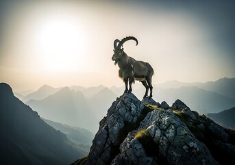 Obraz premium A Majestic Alpine Ibex Stands Silhouetted On A Rugged Mountain Peak During A Breathtaking Sunrise, Showcasing Wilderness And High-Altitude Beauty.