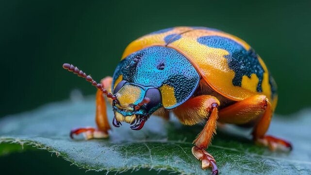 Witness the stunning beauty of a unique beetle showcasing brilliant colors and intricate patterns while perched on a leaf in a vibrant rainforest.