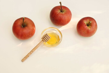 Autumn seasonal still life scene. Red apples, bowl of honey, wooden dipper isolated on beige table background in sunlight. Fall, Rosh Hashanah, Thanksgiving holiday banner. Gardening. Flatlay top view