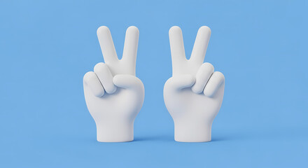 Obraz premium Two White Hands Making Peace Signs on Blue 
