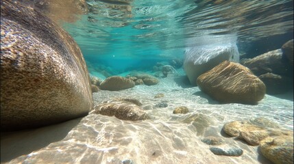 A serene underwater scene featuring smooth rocks and clear water, showcasing light reflections on the sandy floor.