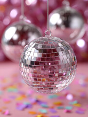 Obraz premium Close-up of a shiny disco ball with pink bokeh background.