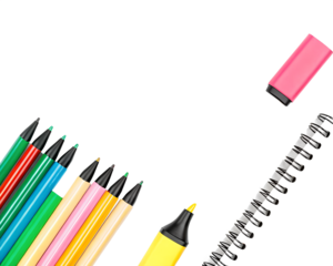 Bright school supplies on a transparent background. The back to school concept